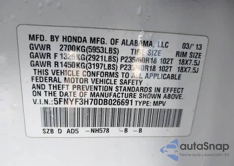 2013 Honda Pilot Ex-L z USA, uszkodzony, nr VIN 5FNYF3H70DB026691